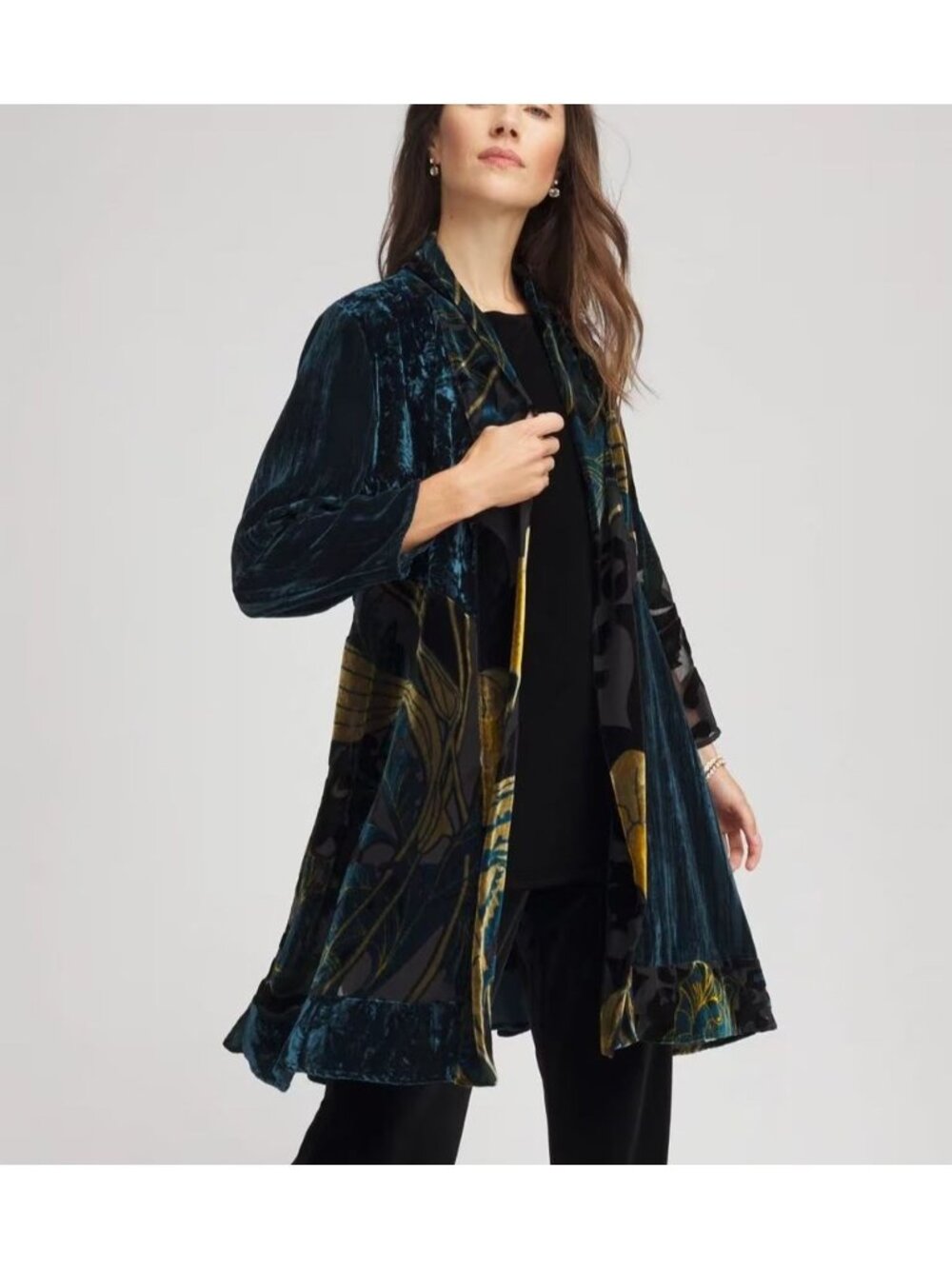 Chicos Womens Size L Travelers Floral Burnout Kimono Jacket Teal Shadow NEW